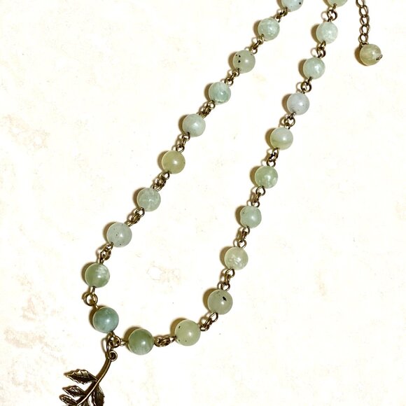 Natural Mint Green Serpentine Necklace, Bronze Leaf Branch + Genuine Gemstone - Picture 6 of 16